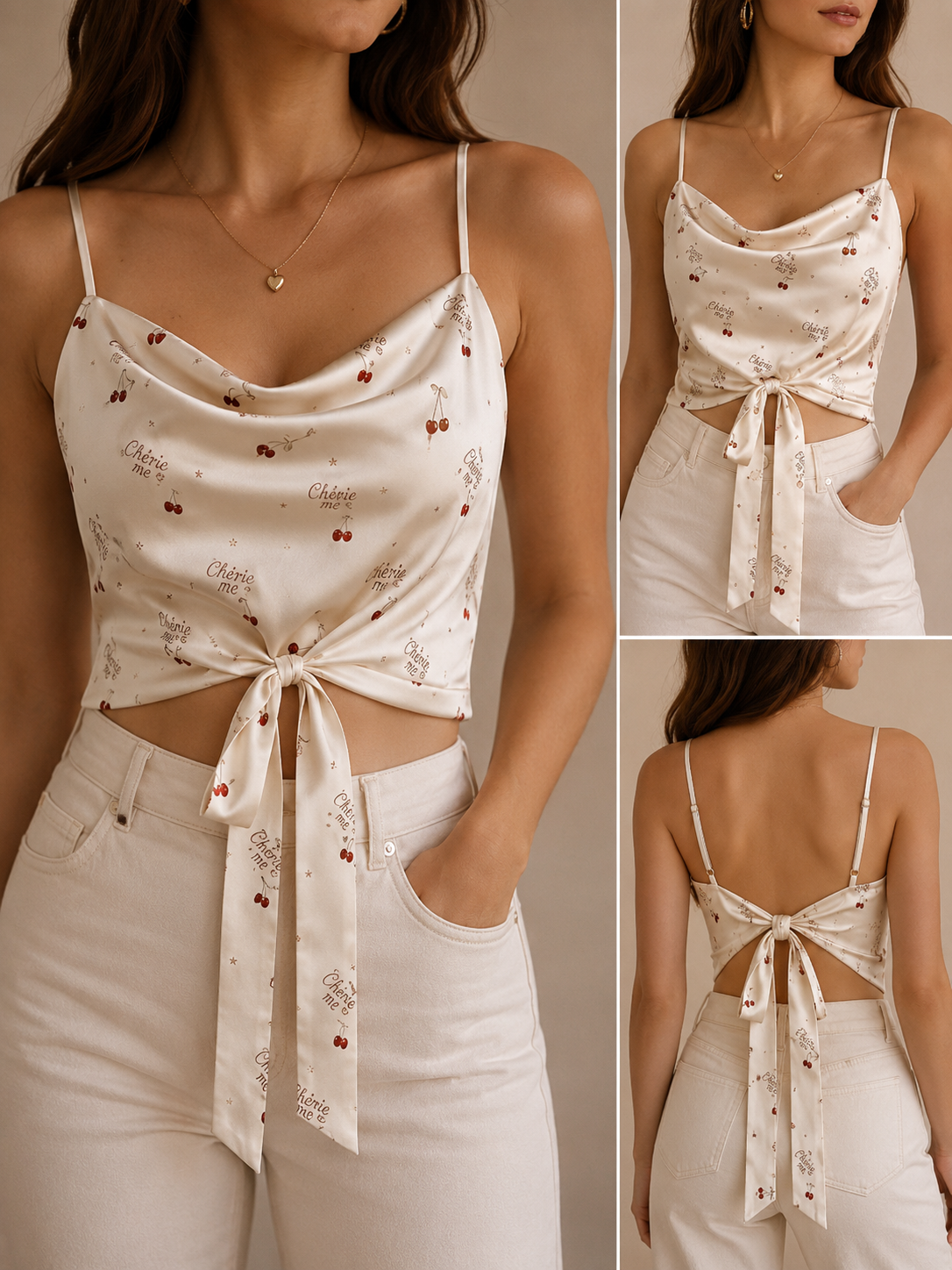 Satin Cherry Tie-Back Top